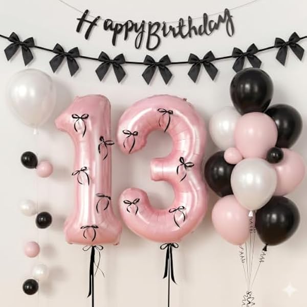 41FC2bJTRyL._AC_US600_.jpg Schleifen Geburtstagsdeko Mädchen 13 14 16 18 Jahre, Schwarze und Rosa Luftballons Schwarz Schleifen Girlande Happy Birthday Girlande für Kindergeburtstag Party Deko Geburtstag Mädchen (Nummer 13)