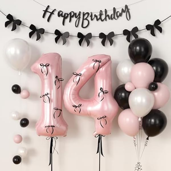 41JWZ02TtVL._AC_US600_.jpg Schleifen Geburtstagsdeko Mädchen 13 14 16 18 Jahre, Schwarze und Rosa Luftballons Schwarz Schleifen Girlande Happy Birthday Girlande für Kindergeburtstag Party Deko Geburtstag Mädchen (14 Jahre)
