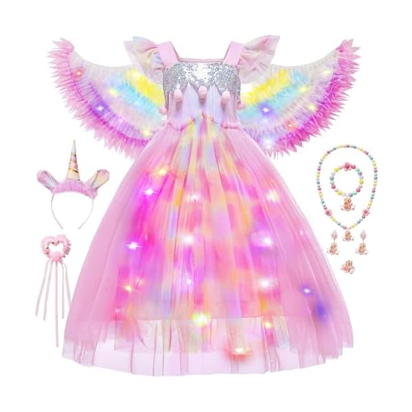 Leuchtend Einhorn Prinzessin Kostüm Kinder Mädchen mit Einhorn Kostüm LED Flügel Haarreif Schmuckset Zauberstab, Einhorn Prinzessin Kleid Mädchen Geschenke Karneval Cosplay Geburtstag Party Fasching