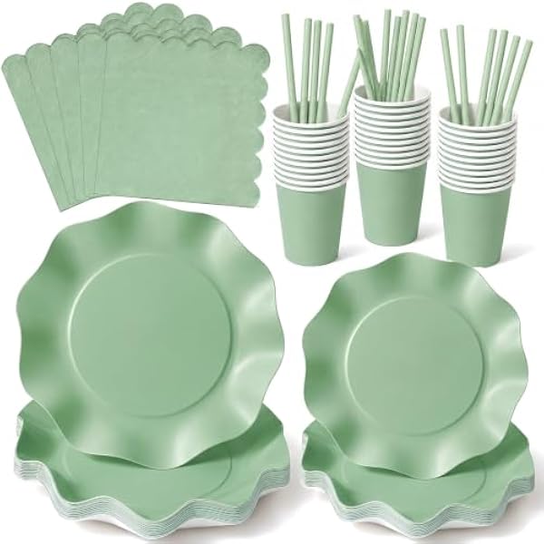 41wFrN362RL._AC_US600_.jpg PtyPop Partygeschirr Set für 25 Gäste,Pappteller und Becher Set, Servietten und Papierstrohhalme für Babypartys, Geburtstag, Hochzeiten, Ostern (Salbeigrün.)