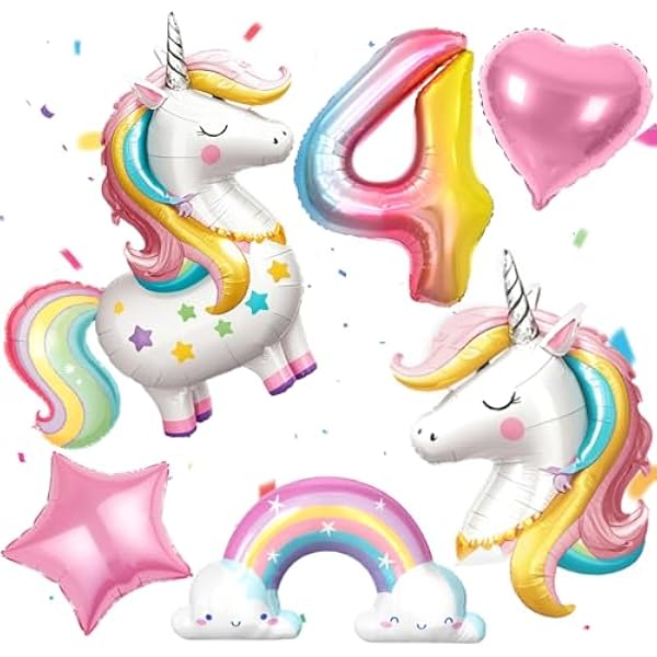 510dHoUc2fL._AC_US600_.jpg PtyPop Einhorn Deko Kindergeburtstag Mädchen 1 2 3 4 5 6 Jahre, Einhorn Luftballon Stehend Folienballon Regenbogen Herzluftballons, Einhorn Kindergeburtstag Decorations Party Deko (4 Jahre)