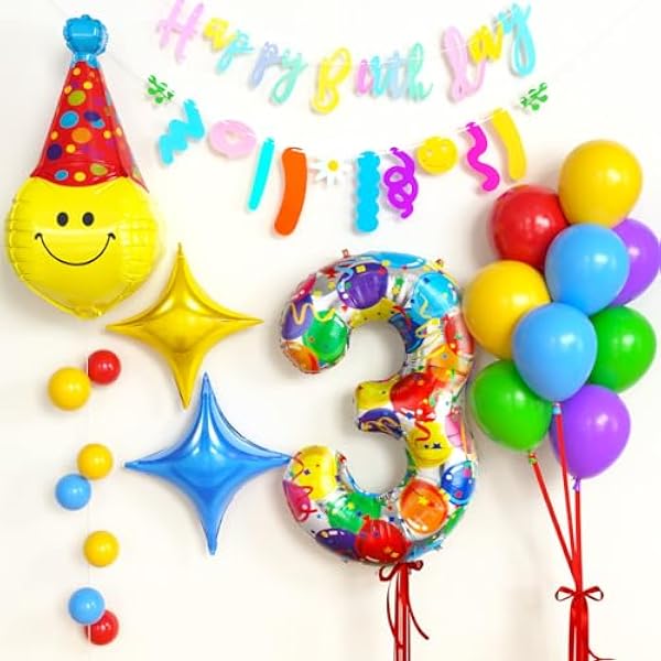 5125bGxxTL._AC_US600_.jpg Geburtstagsdeko Kinder 2 3 4 Jahre, 83cm Lächeln Folienballon & Happy Birthday Girlande & Zahlen Folienballon & Bunte Luftballons für Jungen Mädchen Kindergeburtstag Party Deko Geburtstag (3 Jahre)