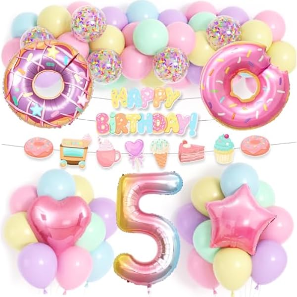 89 Stück Donut Geburtstagsdeko Mädchen 3 4 5 6 Jahre, Pastell Luftballon Girlande Herzluftballon Donut Folienballon Happy Birthday Girlande für Mädchen Kindergeburtstag Party Deko (5 Jahre)