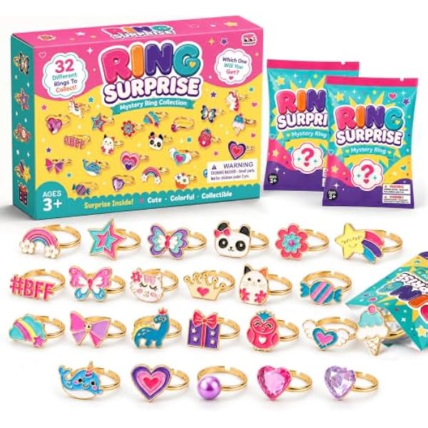32Pcs Party Favors for Kids Cute Rings Little Girl Adjustable Ring Mystery Blind Bag, Goodie Bag Stuffers Treasure Box Toys Classroom Prizes, Toddler Girls Jewelry Pretend Play and Dress Up Rings