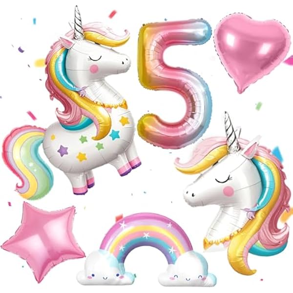 51MinaPL-zL._AC_US600_.jpg PtyPop Einhorn Deko Kindergeburtstag Mädchen 1 2 3 4 5 6 Jahre, Einhorn Luftballon Stehend Folienballon Regenbogen Herzluftballons, Einhorn Kindergeburtstag Decorations Party Deko (5 Jahre)