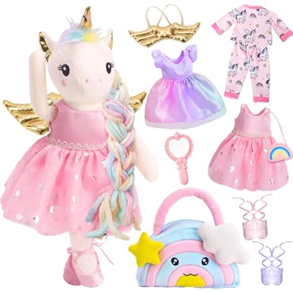 PtyPop Einhorn Geschenke für Mädchen, 43cm Einhorn Kuscheltier Set mit 3 Kleidung & Flügel & Plüsch Tasche zum Anziehen Kuscheln, Unicorn Plüschtier Geschenk für Geburtstag Mädchen 3 4 5 6 7 8 Jahre