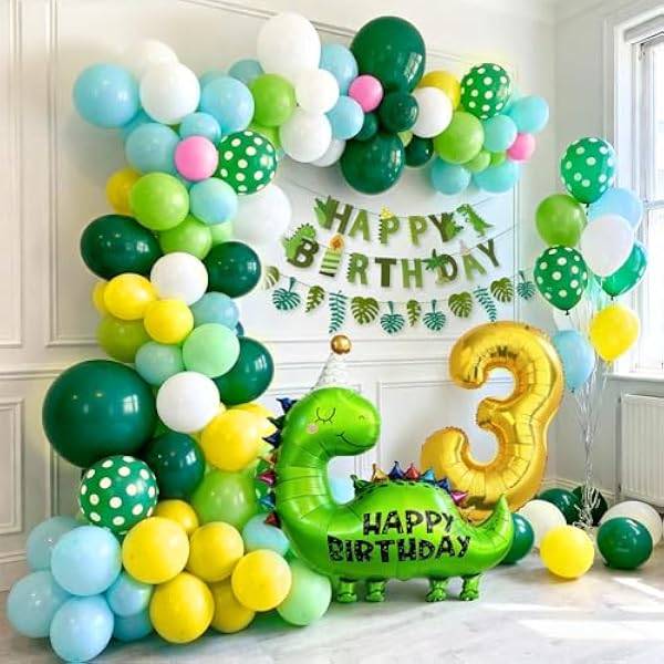 Dino Geburtstag Deko 3 4 5 Jahre, Grün Luftballon Girlande mit XXL Folienballons Safari Dschungel Dinosaurier Party Deko Kinder Junge (3 Jahre)
