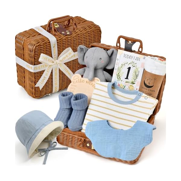 51aaMhXAqTL._SS600_.jpg Baby Geschenkset Neugeborenen Geschenke zur Geburt Jungen mit Bambuskorb, Baby Strampler, Elefanten Kuscheltier, Mulltuch, Lätzchen, Mütze, Socken, Baby Essentials Baby Shower Geschenk (Bambuskorb)