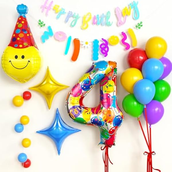 51dYFhzhShL._AC_US600_.jpg Geburtstagsdeko Kinder 2 3 4 Jahre, 83cm Lächeln Folienballon & Happy Birthday Girlande & Zahlen Folienballon & Bunte Luftballons für Jungen Mädchen Kindergeburtstag Party Deko Geburtstag (4 Jahre)