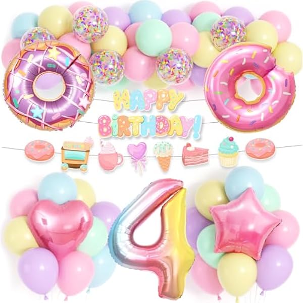 89 Stück Donut Geburtstagsdeko Mädchen 3 4 5 6 Jahre, Pastell Luftballon Girlande Herzluftballon Donut Folienballon Happy Birthday Girlande für Mädchen Kindergeburtstag Party Deko (4 Jahre)
