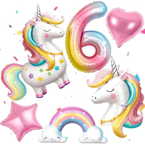 51vzwxR6a0L._AC_US600_.jpg PtyPop Einhorn Deko Kindergeburtstag Mädchen 1 2 3 4 5 6 Jahre, Einhorn Luftballon Stehend Folienballon Regenbogen Herzluftballons, Einhorn Kindergeburtstag Decorations Party Deko (6 Jahre)