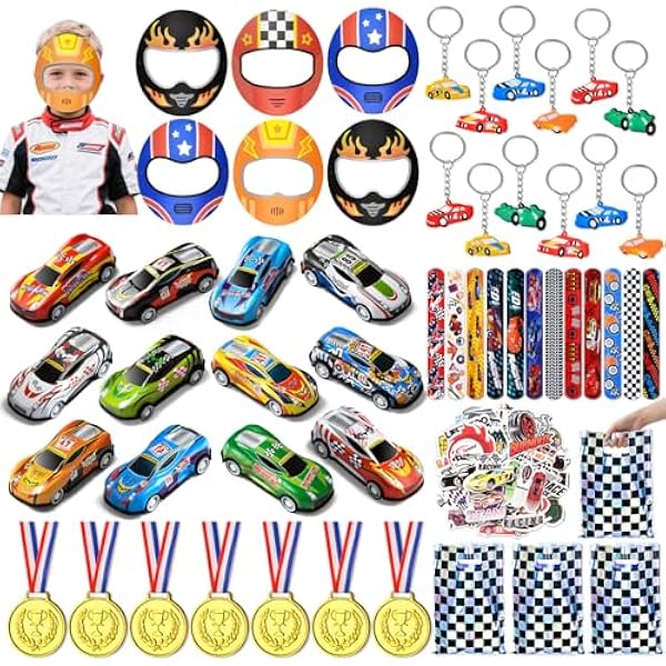 122 STK. Rennautos Party Mitgebsel Kindergeburtstag mit Mini Rennauto,Masken, Schlüsselanhänger,Schnapparmband, Rennwagen Give Aways Gastgeschenk Kindergeburtstag Pinata Füllung für Kinder Jungen
