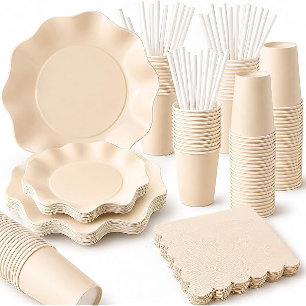 71MxqiWLgrL._AC_US600_.jpg 125 Stück Beige Partygeschirr Set für 25 Gäste mit Pappteller Becher