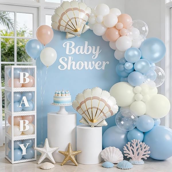 71qx9tTlwrL._AC_US600_.jpg 135 Babyparty Deko Junge Mädchen Luftballon Girlande in Blau, Weiß und Orange, 129 Latexballons 2 Große Muschel-Folienballons 4 Ballonbox Neutral Ozean Baby Shower Party Dekoration